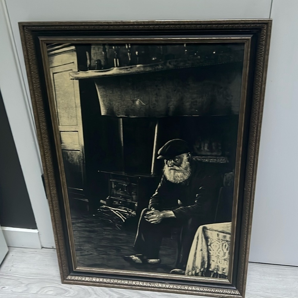 Vintage Black and White Large Print on Linen Framed Old Man in Kitchen Art